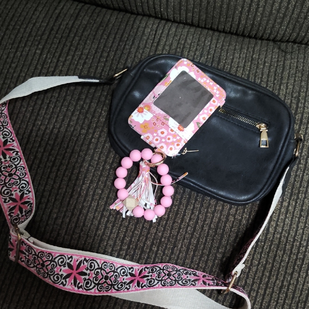Black Crossbody Bag with Pink Accessories